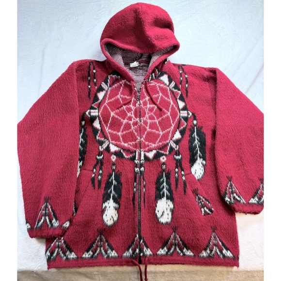 All Indians Native Wear Jackets & Blazers - All Indians Native Wear Vintage 100% Wool Dreamcatcher Zip Hoodie Jacket Red M